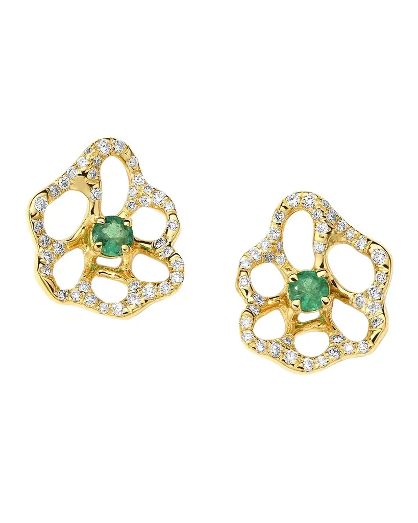 18K Stardust Drizzle Mini Flower Stud Earrings with Green Emerald and Diamonds 18K Stardust Drizzle Mini Flower Stud Earrings with Green Emerald and Diamonds