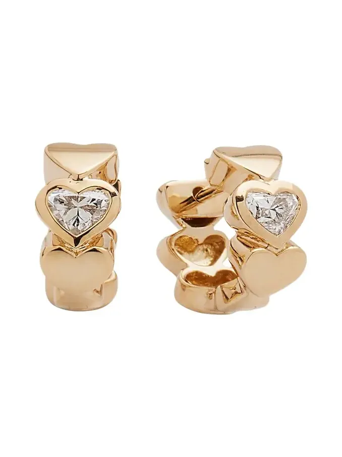 14k Gold Diamond Hearts Hoop Earrings