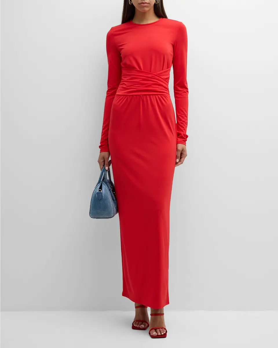 Emporio Armani Pleated Long-Sleeve Jersey Column Gown | Thumbnail 2