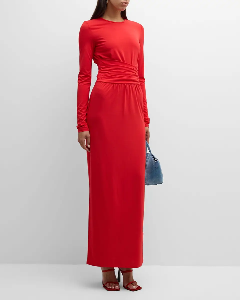 Emporio Armani Pleated Long-Sleeve Jersey Column Gown | Thumbnail 3
