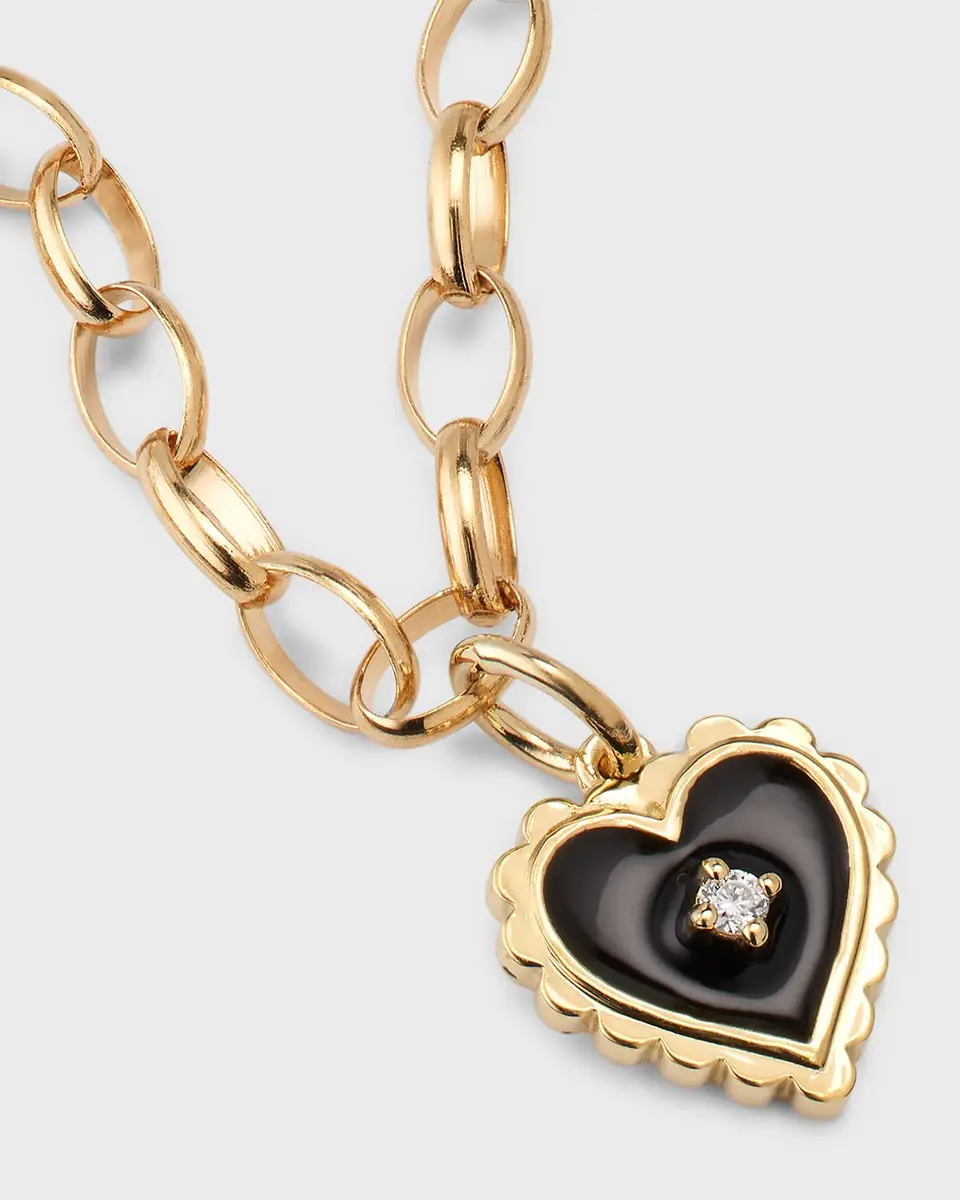 Sydney Evan Prong Set Black Enamel Heart Charm Bracelet with Scallop Border | Thumbnail 3