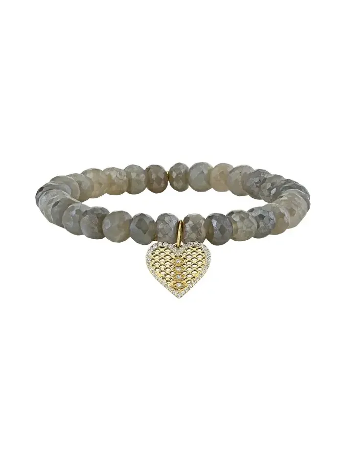 Moonstone Bead & Diamond Marquise Eye Heart Charm Bracelet