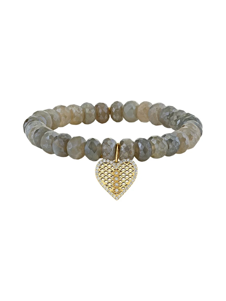 Moonstone Bead & Diamond Marquise Eye Heart Charm Bracelet