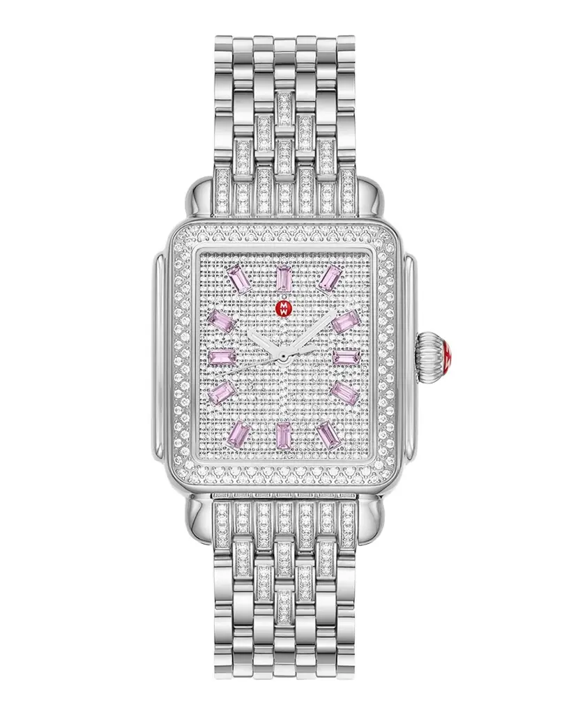 Michele Limited Edition Deco Stainless Steel Pink Sapphire and Pave Diamond Watch