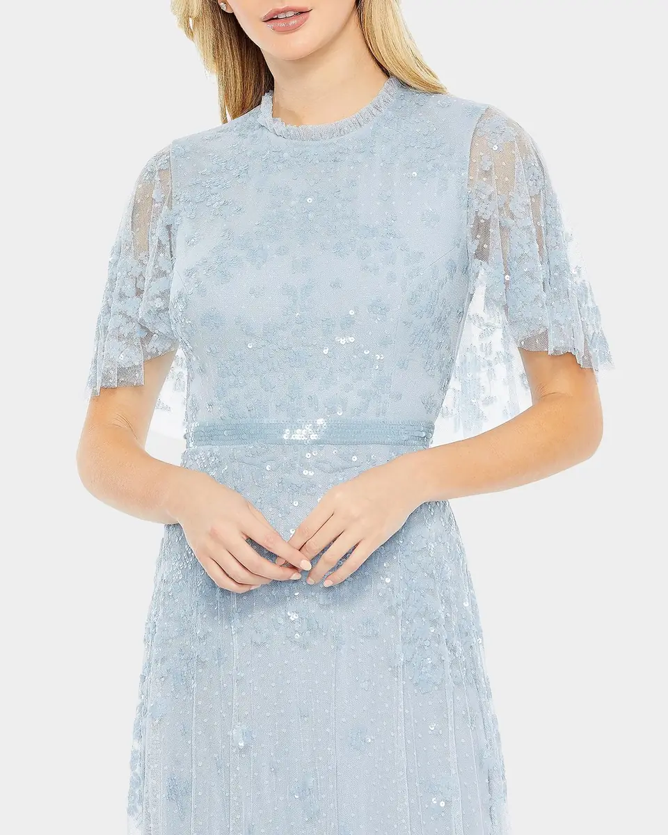 Mac Duggal Flutter-Sleeve Sequin Tulle Gown | Thumbnail 2