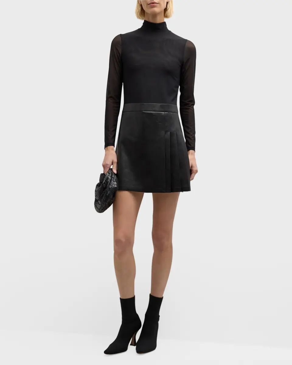 Alice + Olivia Chara Long-Sleeve Vegan Leather Pleated Mini Dress | Thumbnail 2 Alice + Olivia Chara Long-Sleeve Vegan Leather Pleated Mini Dress | Thumbnail 2