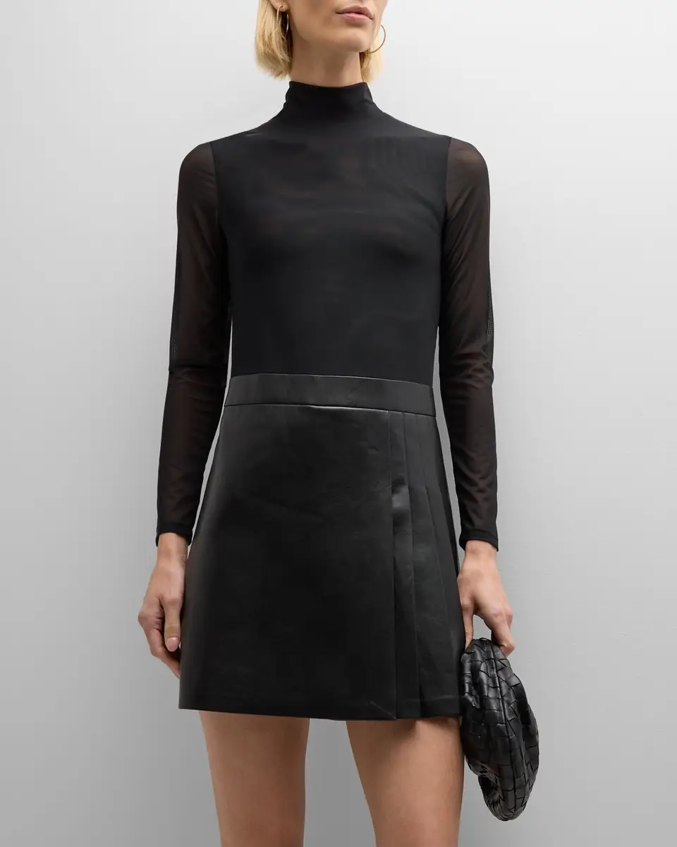 Alice + Olivia Chara Long-Sleeve Vegan Leather Pleated Mini Dress | Thumbnail 3 Alice + Olivia Chara Long-Sleeve Vegan Leather Pleated Mini Dress | Thumbnail 3