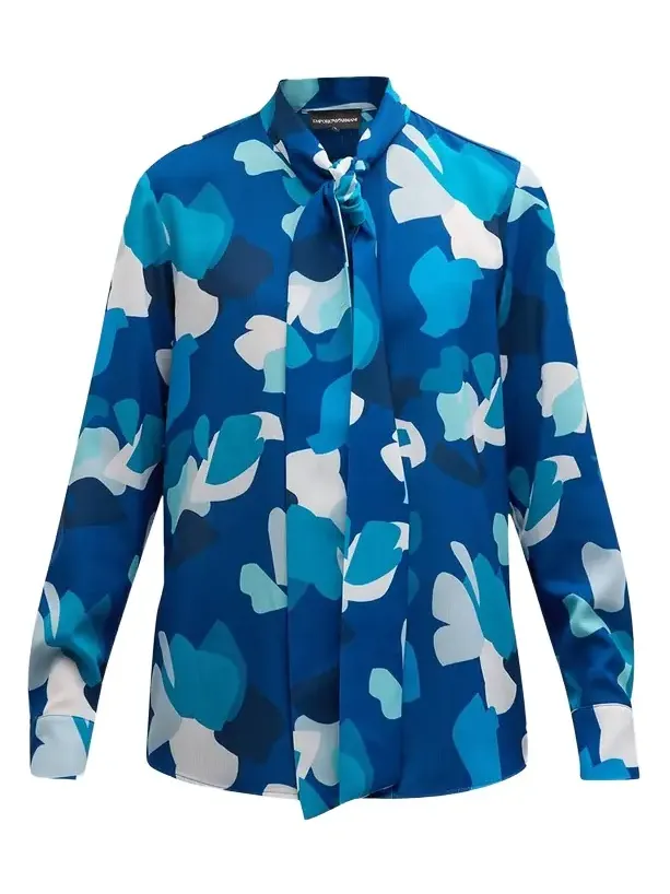 Tie-Neck Abstract-Print Crepon Blouse