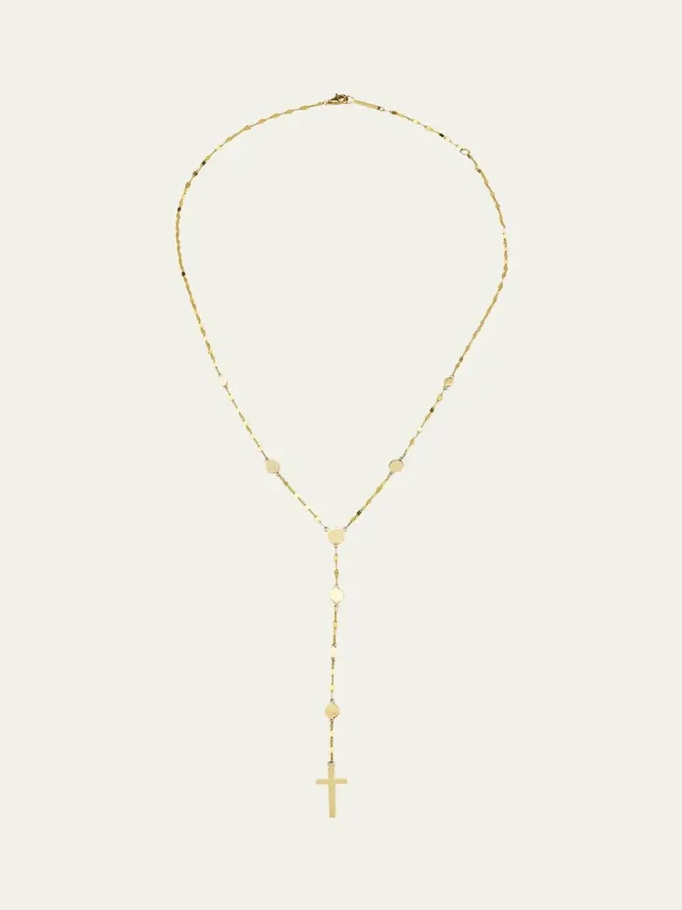 14K Yellow Gold Disc Chain Lariat Crossary Necklace, 18"