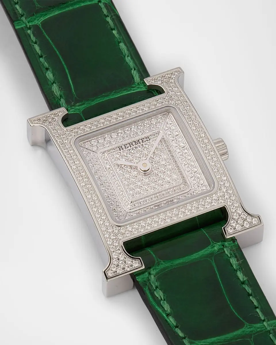 HERMÈS Heure H All Diamond Watch with Green Alligator Strap, 25 mm | Thumbnail 2 HERMÈS Heure H All Diamond Watch with Green Alligator Strap, 25 mm | Thumbnail 2
