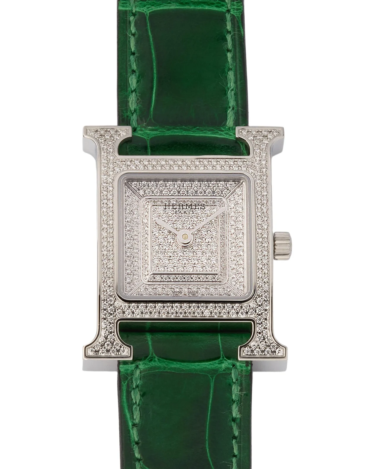 HERMÈS Heure H All Diamond Watch with Green Alligator Strap, 25 mm