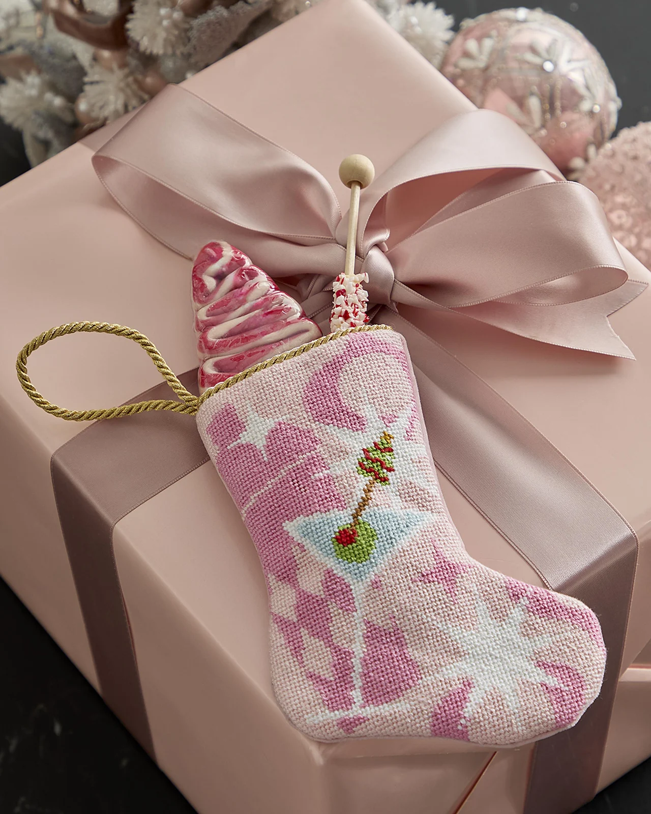 Bauble Stockings x Sainty Nelsen "Pink Holly Jolly Molly Martini" Mini Bauble Stocking