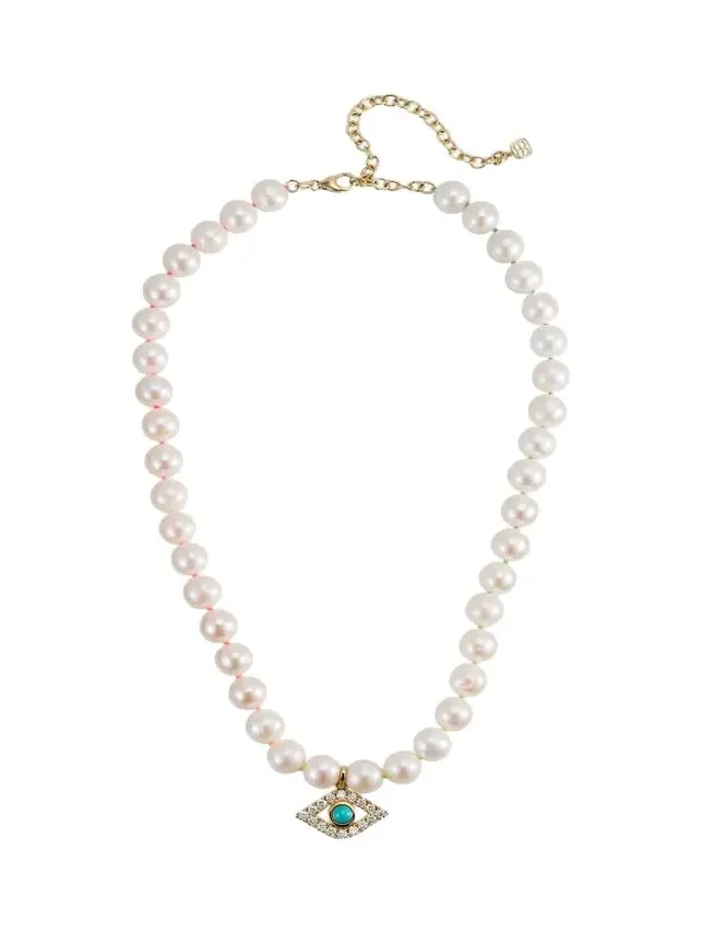14K Large Turquoise Evil Eye Charm on Freshwater Pearl Necklace 14K Large Turquoise Evil Eye Charm on Freshwater Pearl Necklace