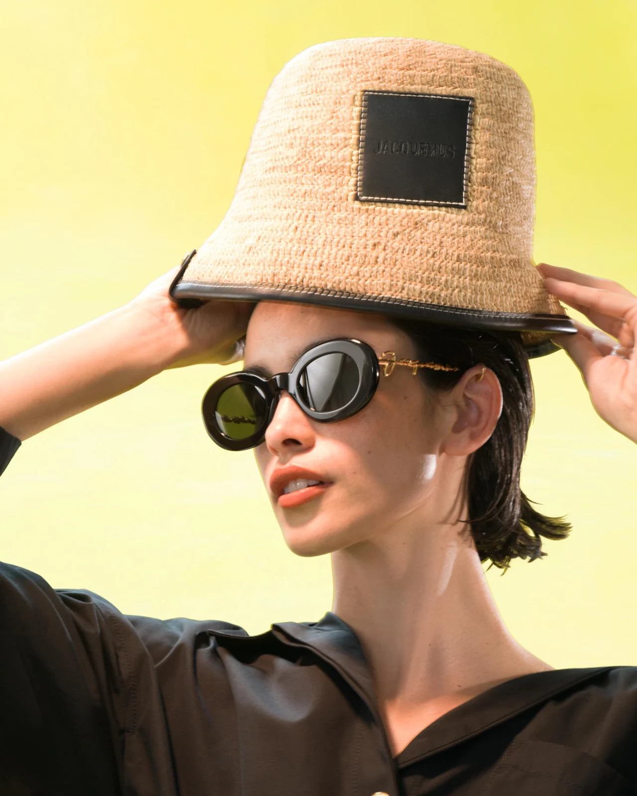 Le Bob Soli Raffia & Black Leather Bucket Hat