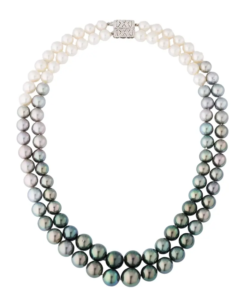 Belpearl 18K White Gold 9-13.5mm Tahitian and South Sea Pearl 2 Row Necklace with Diamond Clasp | Image 1 Belpearl 18K White Gold 9-13.5mm Tahitian and South Sea Pearl 2 Row Necklace with Diamond Clasp | Image 1