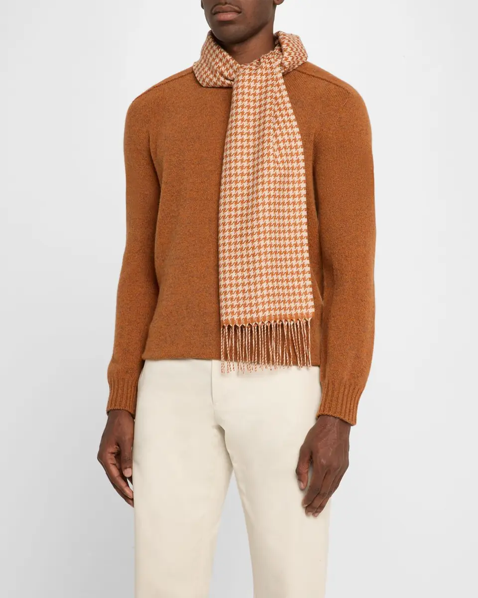 PIACENZA 1733 Men's Twist Silk and Cashmere Houndstooth Scarf | Thumbnail 2 PIACENZA 1733 Men's Twist Silk and Cashmere Houndstooth Scarf | Thumbnail 2