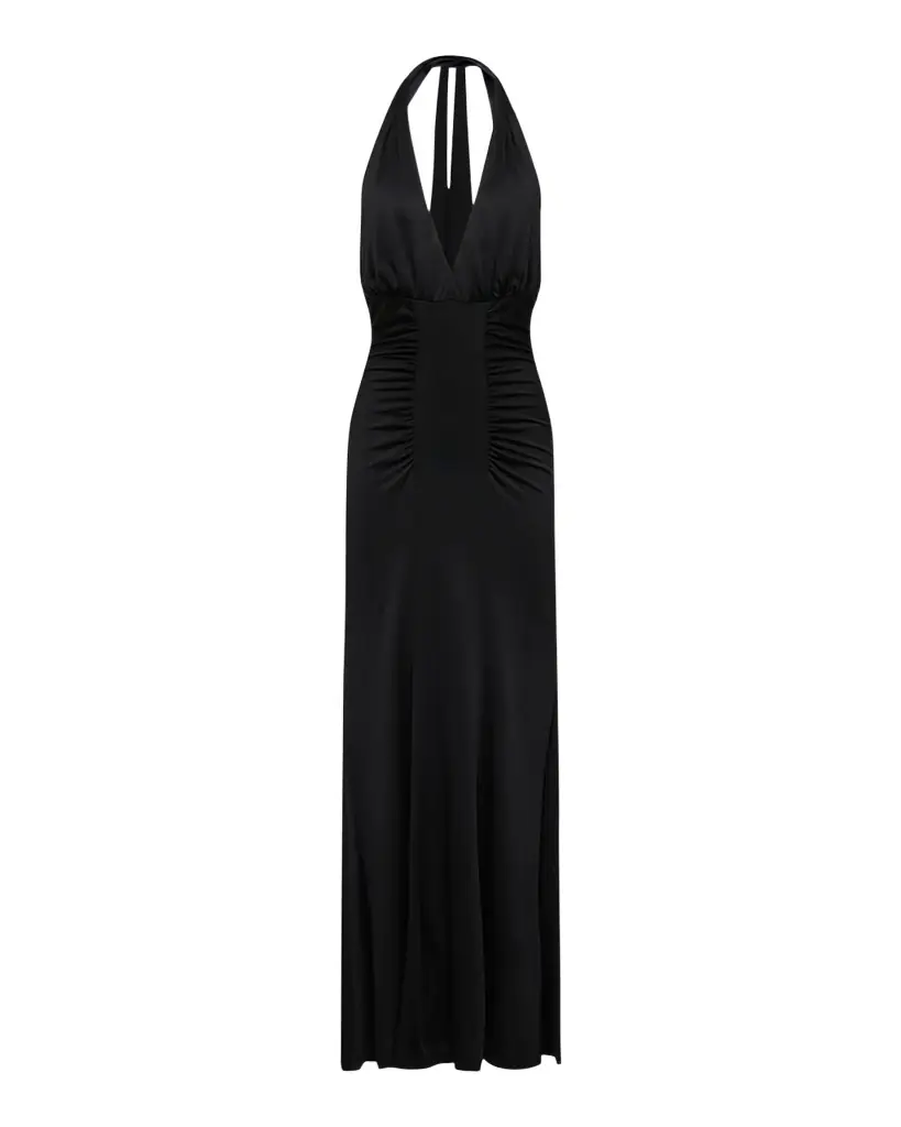 Makayla Ruched Deep V-Neck Halter Maxi Dress Makayla Ruched Deep V-Neck Halter Maxi Dress