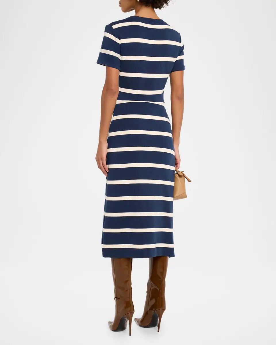 TANYA TAYLOR Cody Twisted-Waist Short-Sleeve Striped Midi Dress | Thumbnail 2
