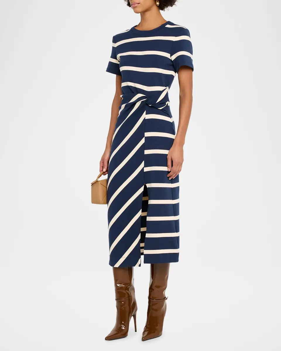TANYA TAYLOR Cody Twisted-Waist Short-Sleeve Striped Midi Dress | Thumbnail 3