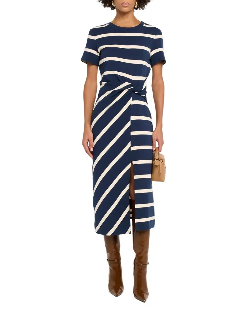 Tanya Taylor Cody Twisted-Waist Short-Sleeve Striped Midi Dress | Image 1 Tanya Taylor Cody Twisted-Waist Short-Sleeve Striped Midi Dress | Image 1