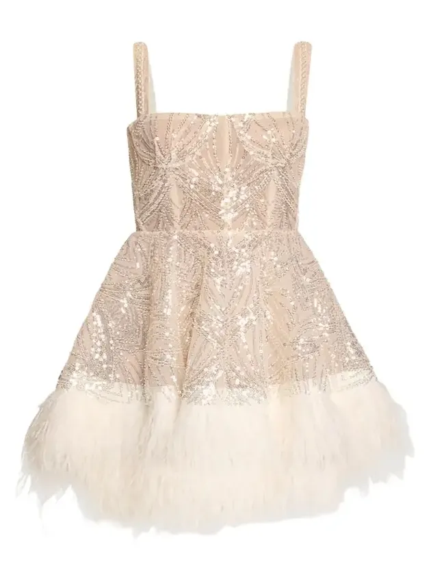Mademoiselle Beaded Feather-Trim Mini Dress