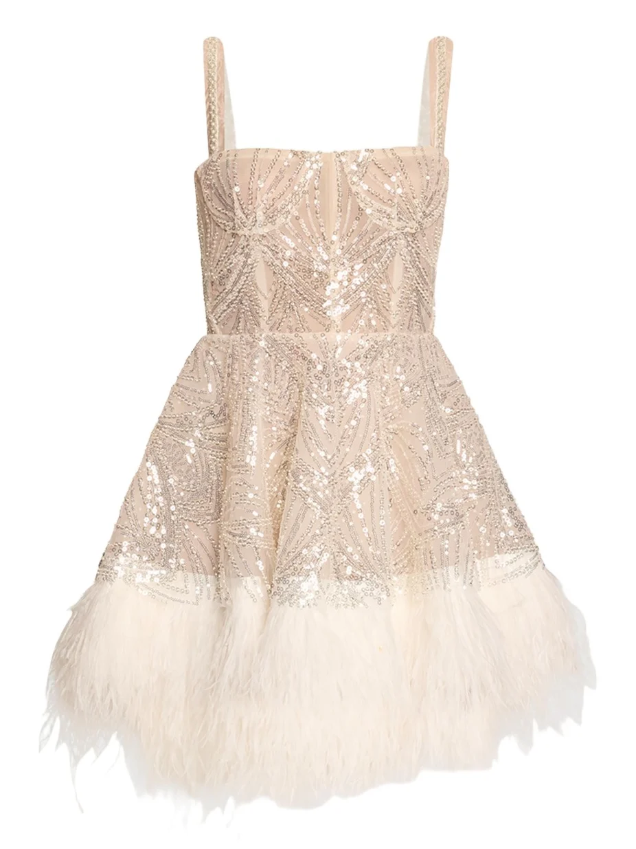 Bronx and Banco Mademoiselle Beaded Feather-Trim Mini Dress