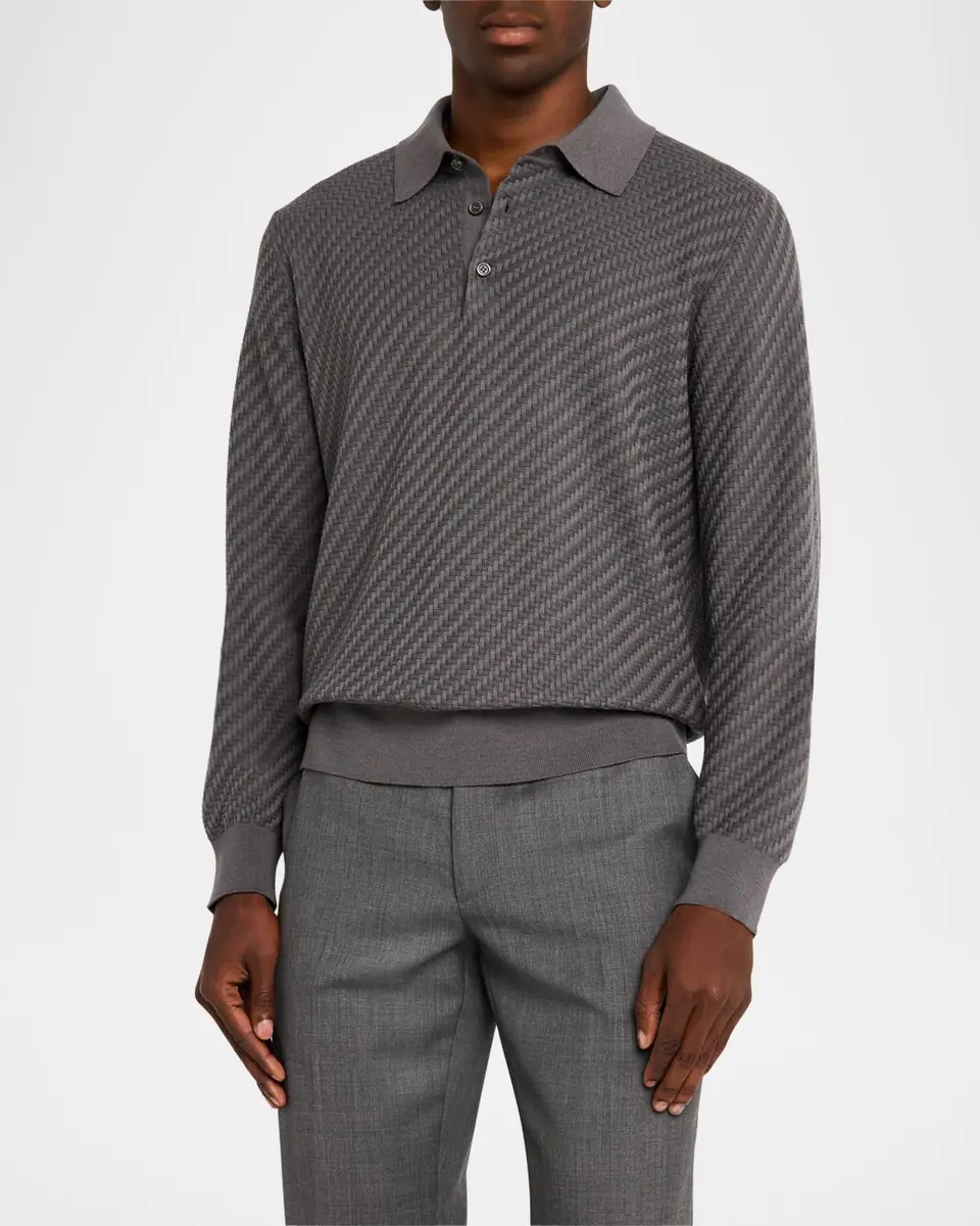 Brioni Men's Basketweave Polo Sweater | Thumbnail 2 Brioni Men's Basketweave Polo Sweater | Thumbnail 2