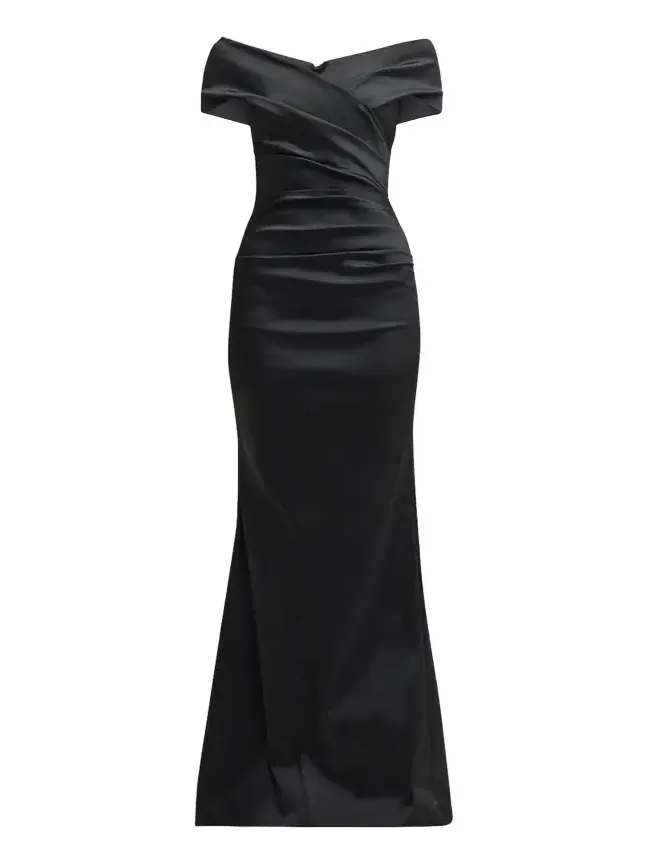 Pleated Off-Shoulder Satin Column Gown