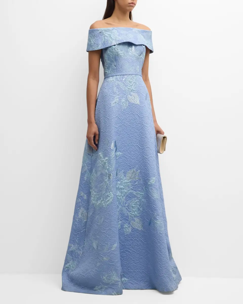 Rickie Freeman for Teri Jon Off-Shoulder Metallic Flower Jacquard Gown | Thumbnail 2 Rickie Freeman for Teri Jon Off-Shoulder Metallic Flower Jacquard Gown | Thumbnail 2