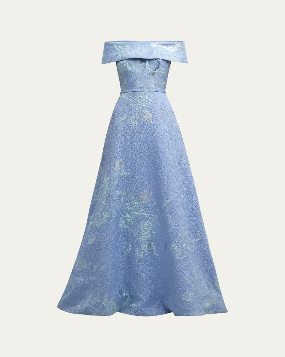 Rickie Freeman for Teri Jon Off-Shoulder Metallic Flower Jacquard Gown | Thumbnail 7 Rickie Freeman for Teri Jon Off-Shoulder Metallic Flower Jacquard Gown | Thumbnail 7