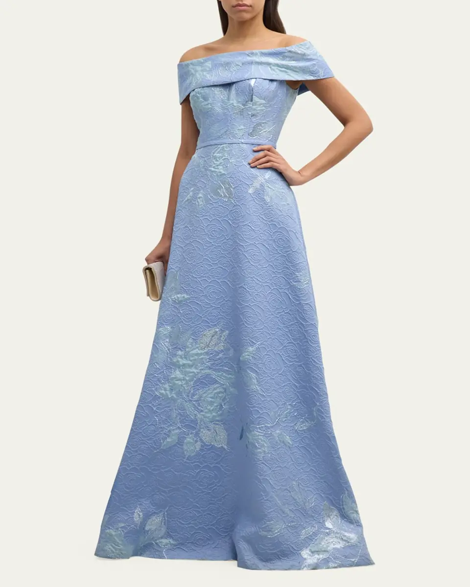 Rickie Freeman for Teri Jon Off-Shoulder Metallic Flower Jacquard Gown | Thumbnail 8 Rickie Freeman for Teri Jon Off-Shoulder Metallic Flower Jacquard Gown | Thumbnail 8