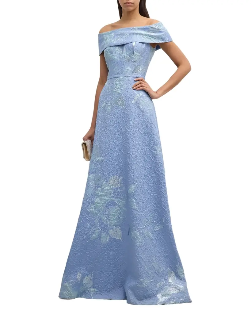 Rickie Freeman for Teri Jon Off-Shoulder Metallic Flower Jacquard Gown | Image 1 Rickie Freeman for Teri Jon Off-Shoulder Metallic Flower Jacquard Gown | Image 1