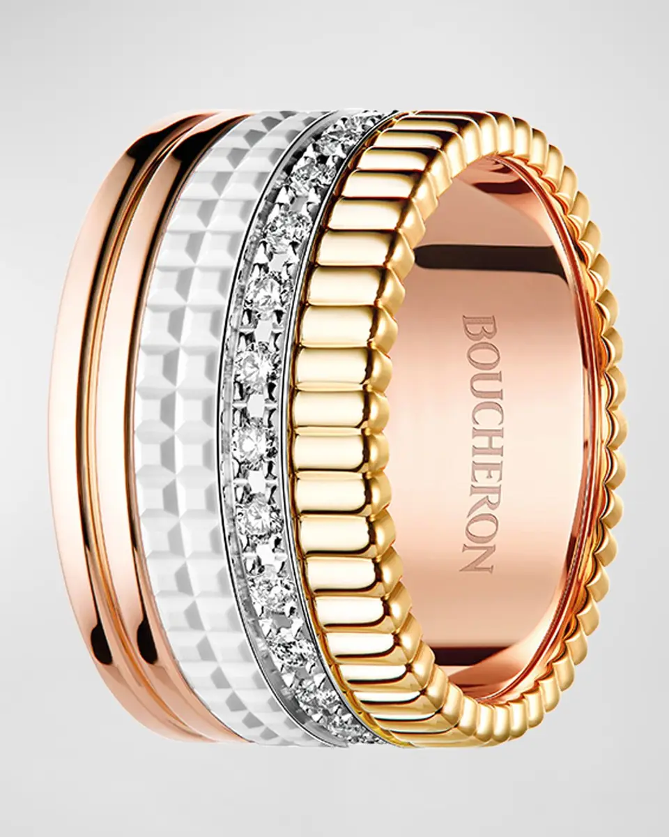 Boucheron Quatre Large Ring in Tricolor Gold with White Ceramic and Diamonds, Size 54 | Thumbnail 2