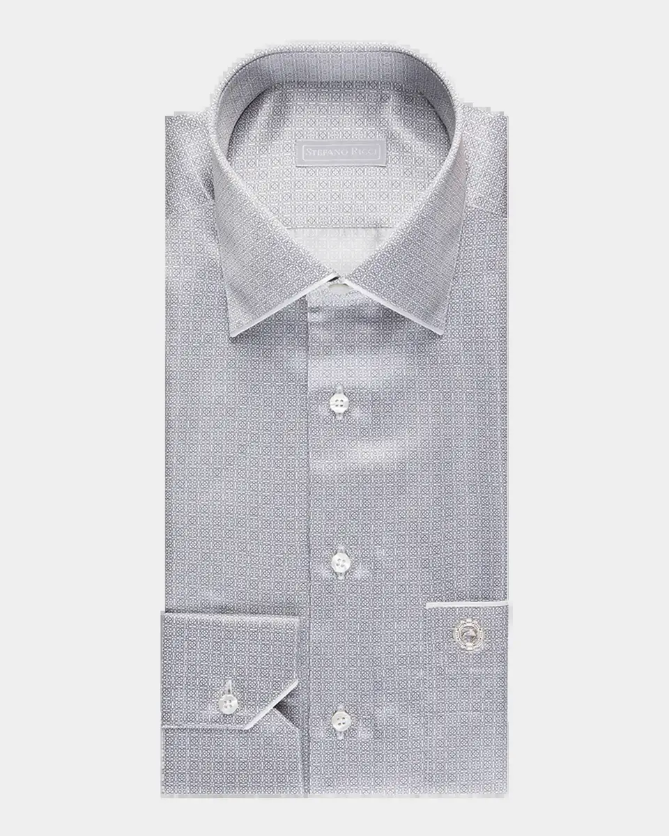 Stefano Ricci Men's Micro-Geometric Silk Dress Shirt | Thumbnail 2 Stefano Ricci Men's Micro-Geometric Silk Dress Shirt | Thumbnail 2