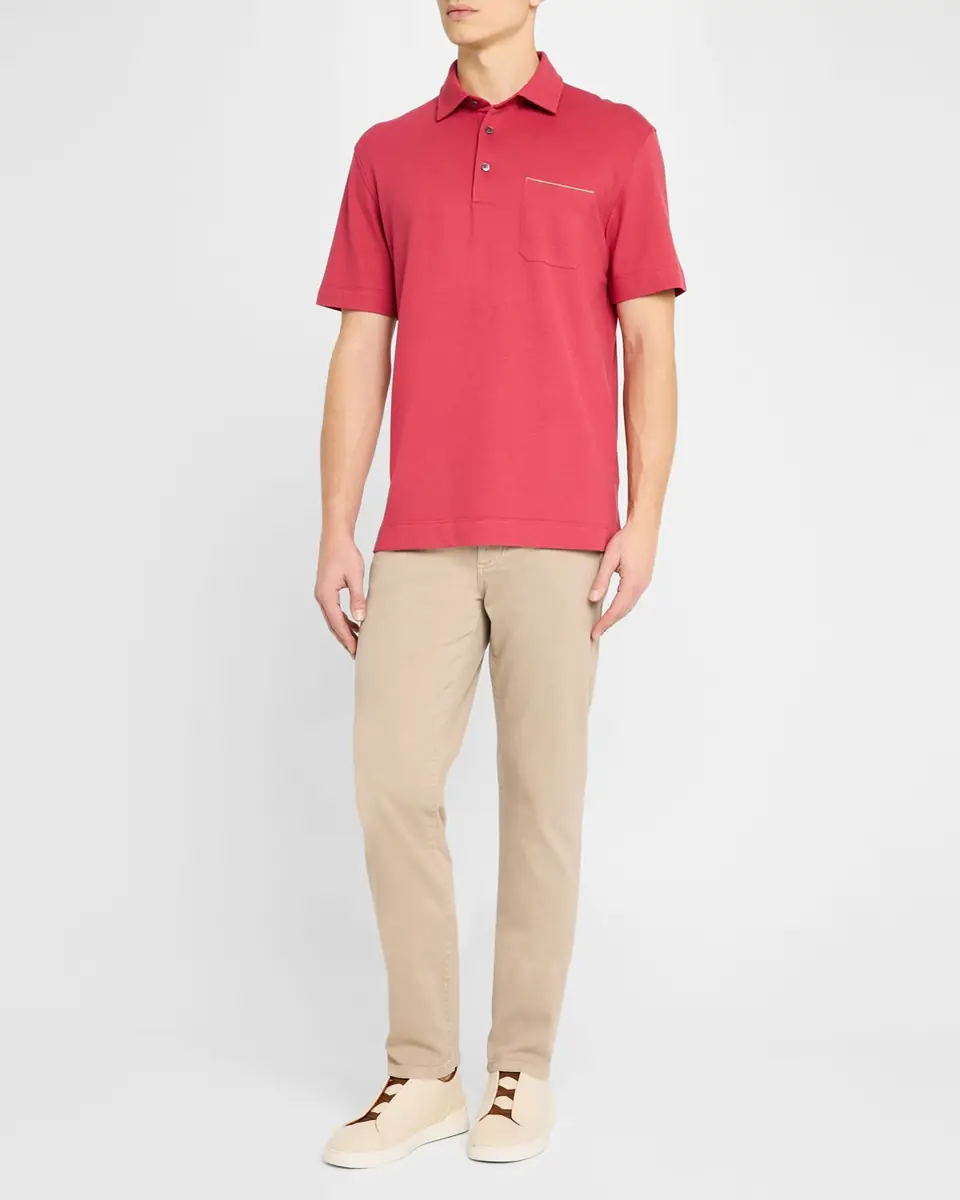 ZEGNA Men's Pique Polo Shirt with Leather-Trim Pocket | Thumbnail 2
