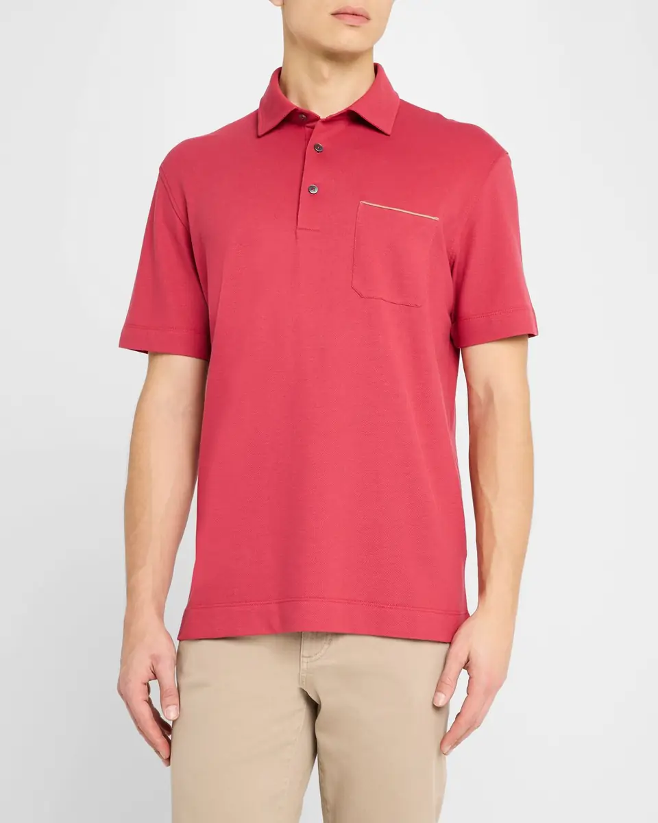 ZEGNA Men's Pique Polo Shirt with Leather-Trim Pocket | Thumbnail 4