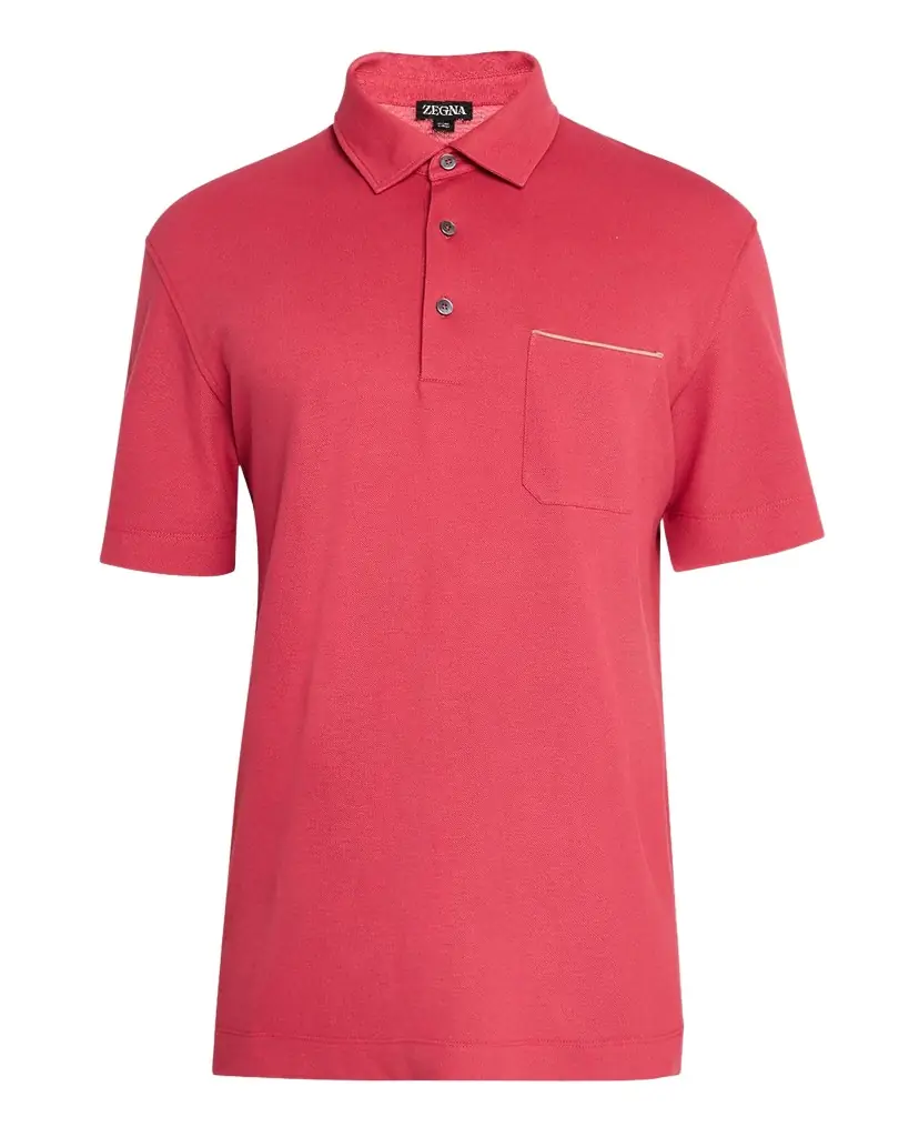 ZEGNA Men 's Pique Polo Shirt with Leather-Trim Pocket | Image 1 ZEGNA Men 's Pique Polo Shirt with Leather-Trim Pocket | Image 1