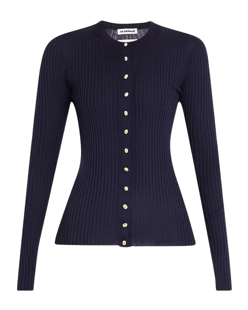 Jil Sander Silk Ribbed Crewneck Cardigan | Image 1 Jil Sander Silk Ribbed Crewneck Cardigan | Image 1