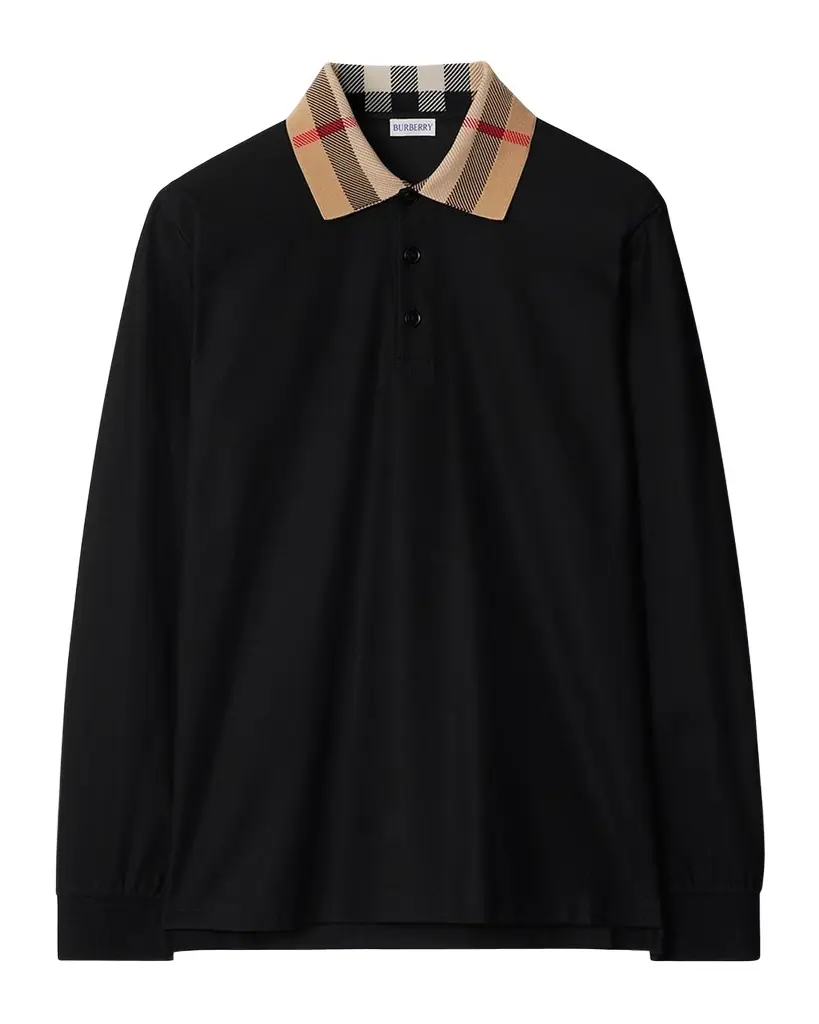 Burberry Men's Cody Cotton Slim Fit Long-Sleeve Check Collar Polo Shirt | Image 1 Burberry Men's Cody Cotton Slim Fit Long-Sleeve Check Collar Polo Shirt | Image 1