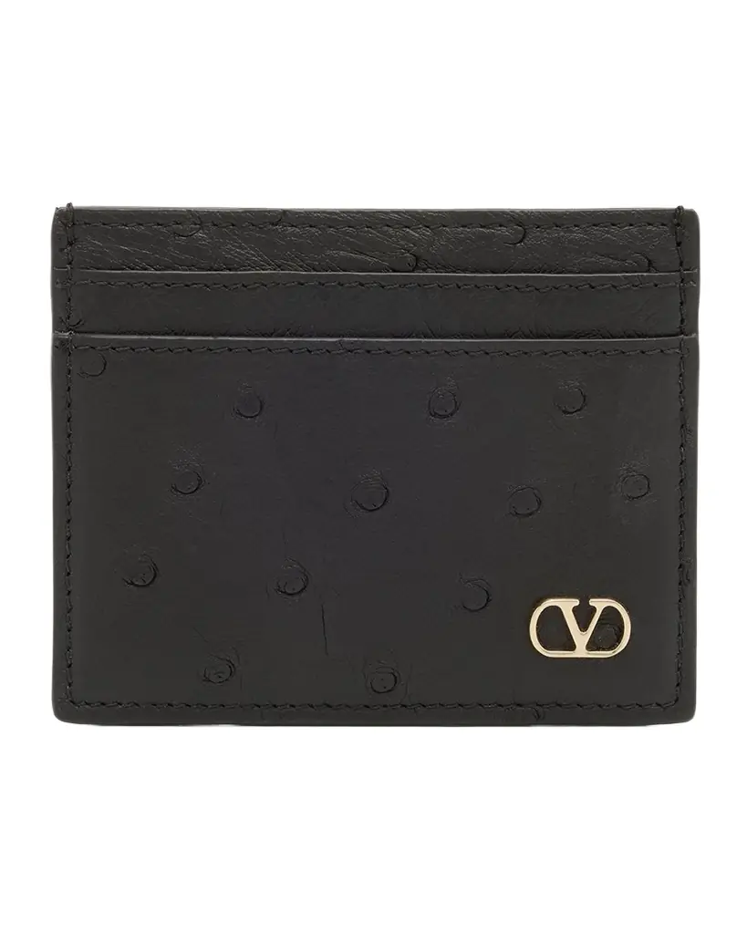 Valentino Garavani Men 's Ostrich-Effect VLogo Card Holder | Image 1 Valentino Garavani Men 's Ostrich-Effect VLogo Card Holder | Image 1