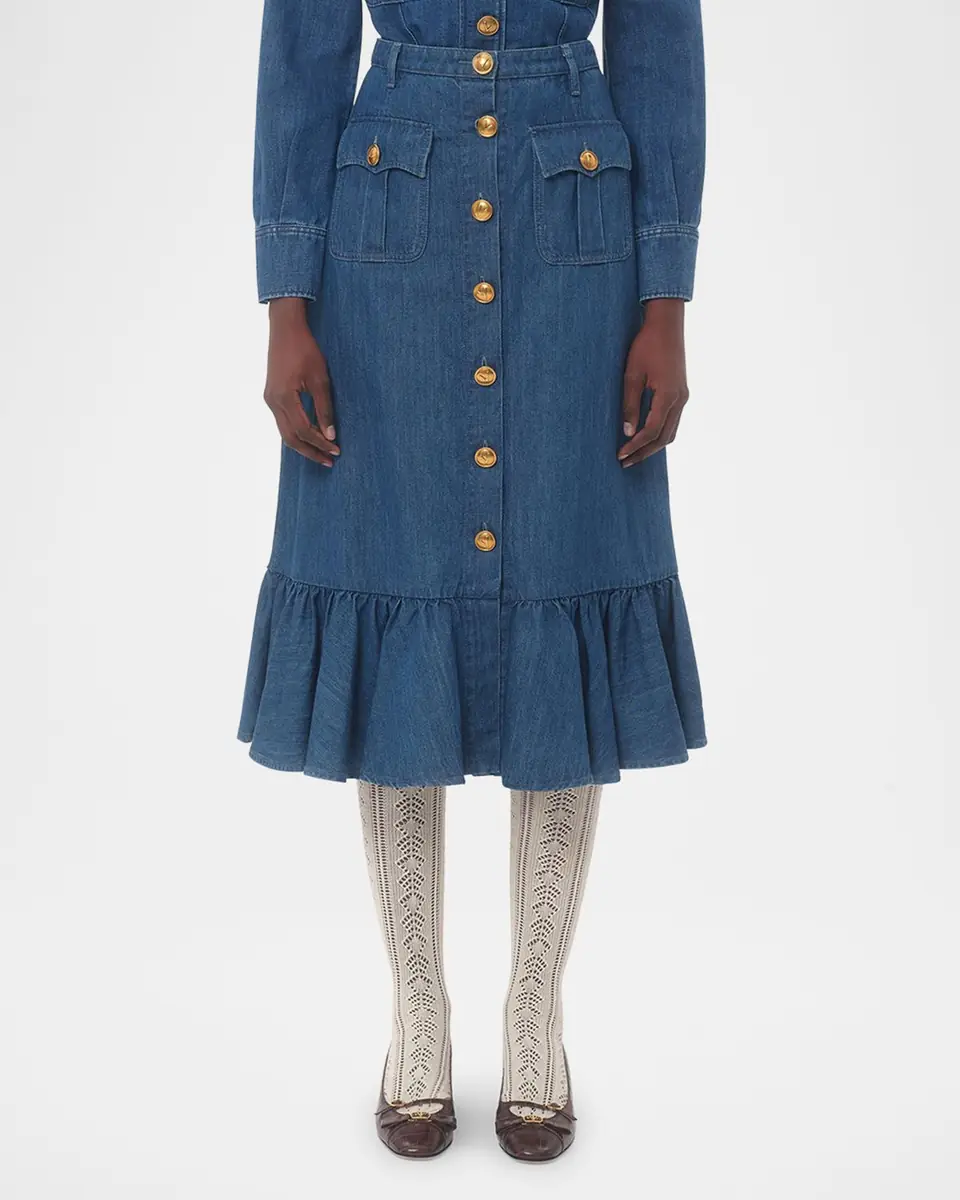 Valentino Garavani Button-Front Ruffle Denim Midi Skirt | Thumbnail 2 Valentino Garavani Button-Front Ruffle Denim Midi Skirt | Thumbnail 2