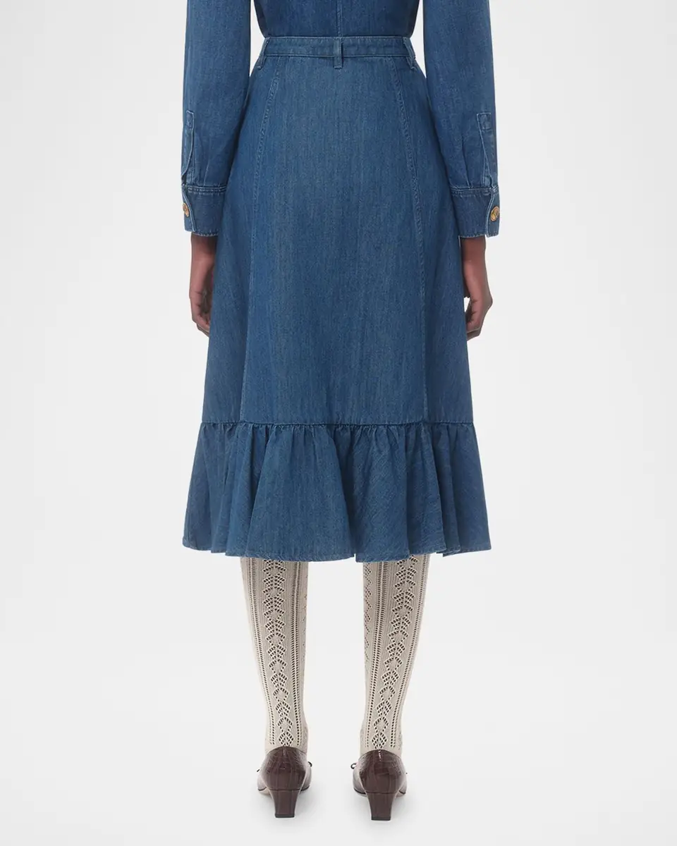 Valentino Garavani Button-Front Ruffle Denim Midi Skirt | Thumbnail 3 Valentino Garavani Button-Front Ruffle Denim Midi Skirt | Thumbnail 3