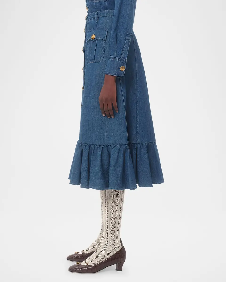 Valentino Garavani Button-Front Ruffle Denim Midi Skirt | Thumbnail 4 Valentino Garavani Button-Front Ruffle Denim Midi Skirt | Thumbnail 4