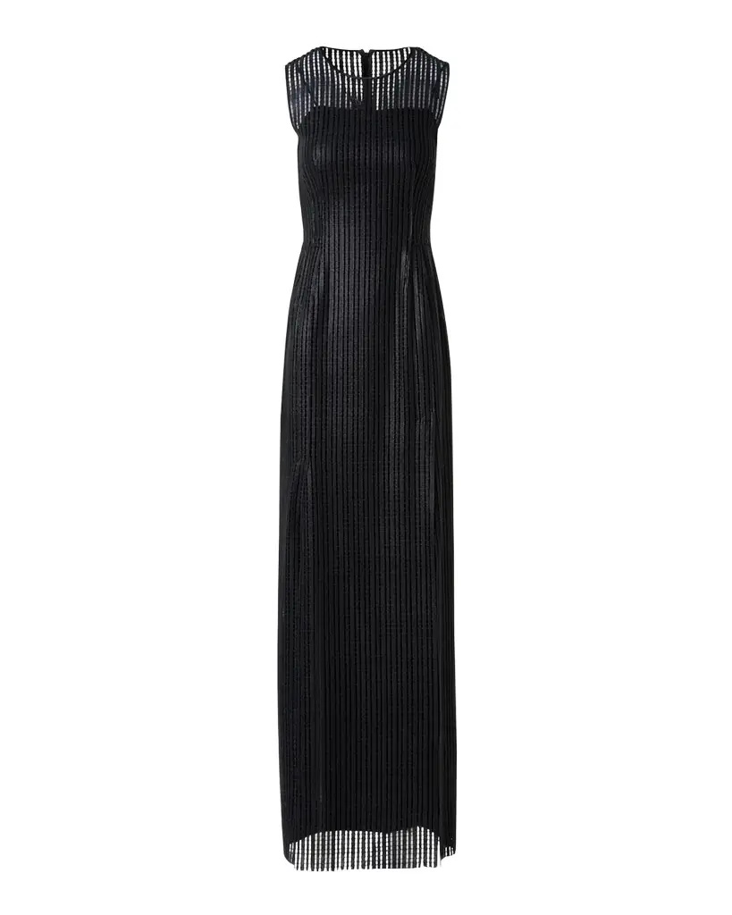Stripes Embroidered Techno Sleeveless Slits Gown