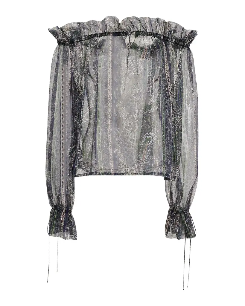 Saint Laurent Metallic Paisley Ruffle Off-The-Shoulder Blouse | Image 1 Saint Laurent Metallic Paisley Ruffle Off-The-Shoulder Blouse | Image 1