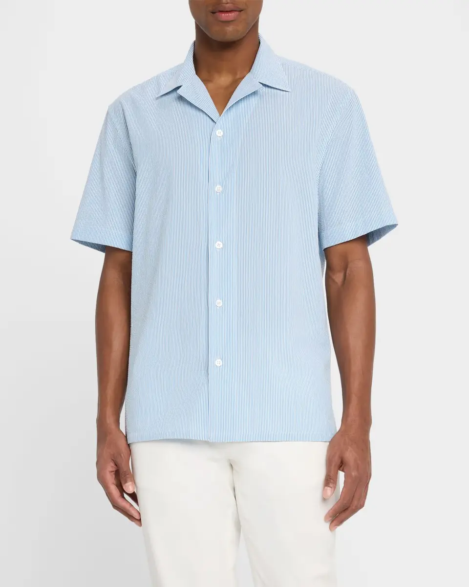 Brioni Men's Stripe Cotton Seersucker Short-Sleeve Shirt | Thumbnail 4