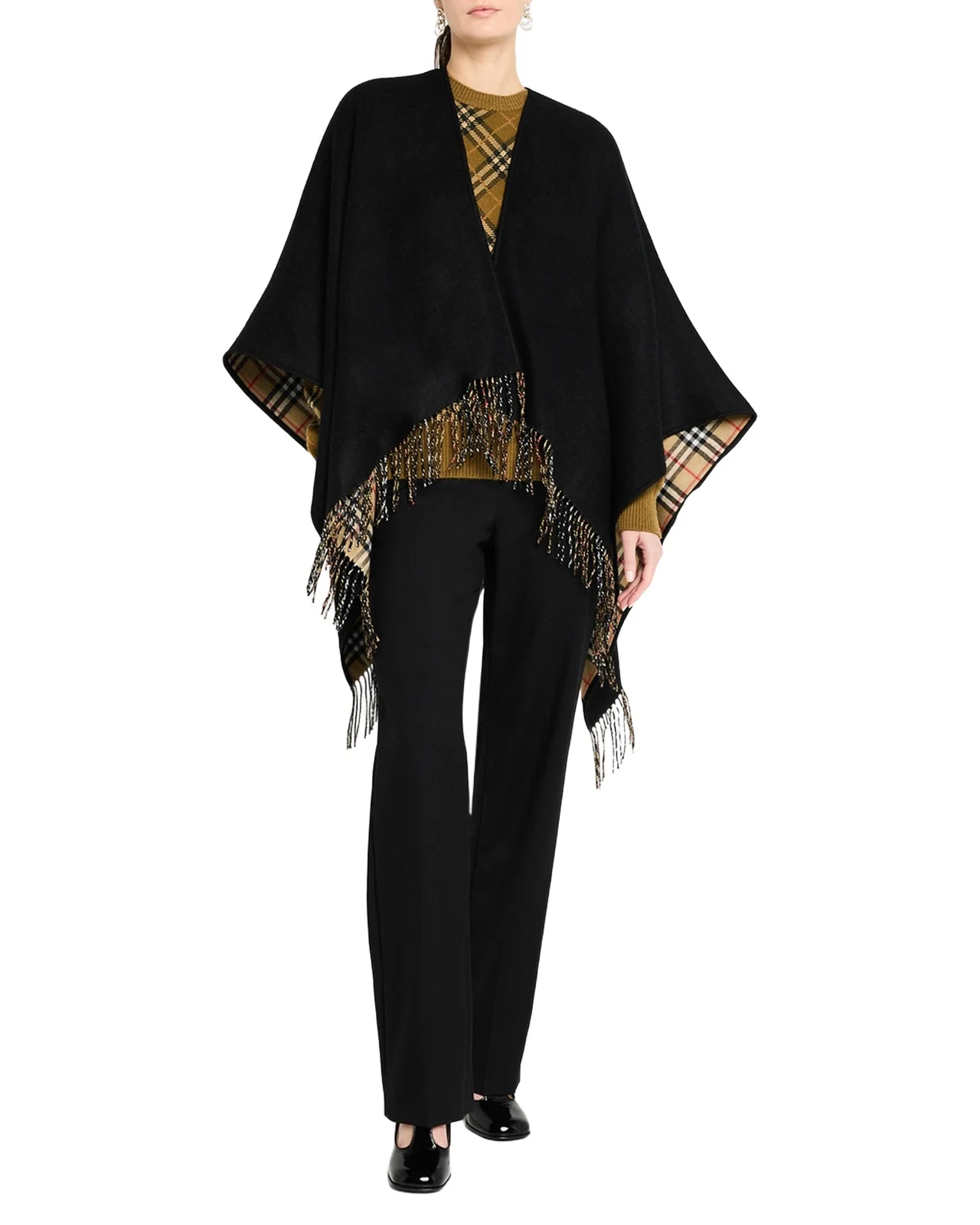 Burberry Vintage-Style Check Fringed Wool Cape