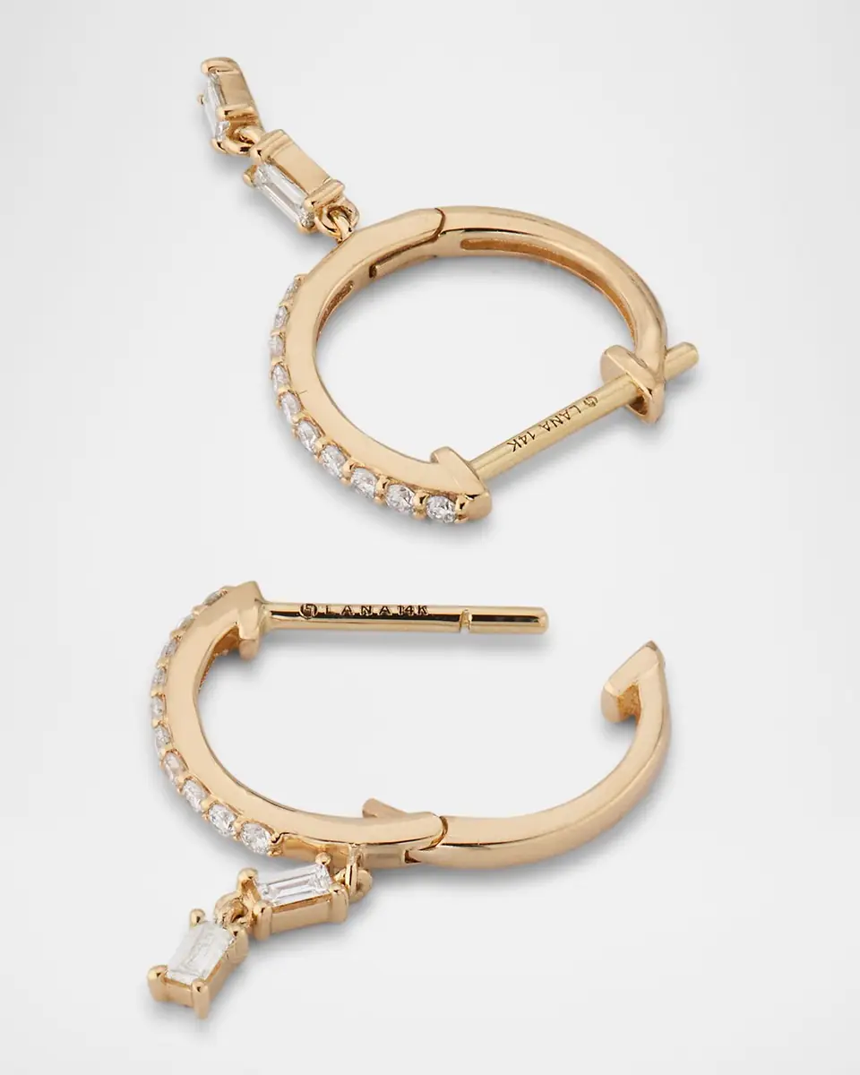 LANA 14K Gold Mini Flawless Diamond Huggie Earrings with Double Dangle Baguettes | Thumbnail 4