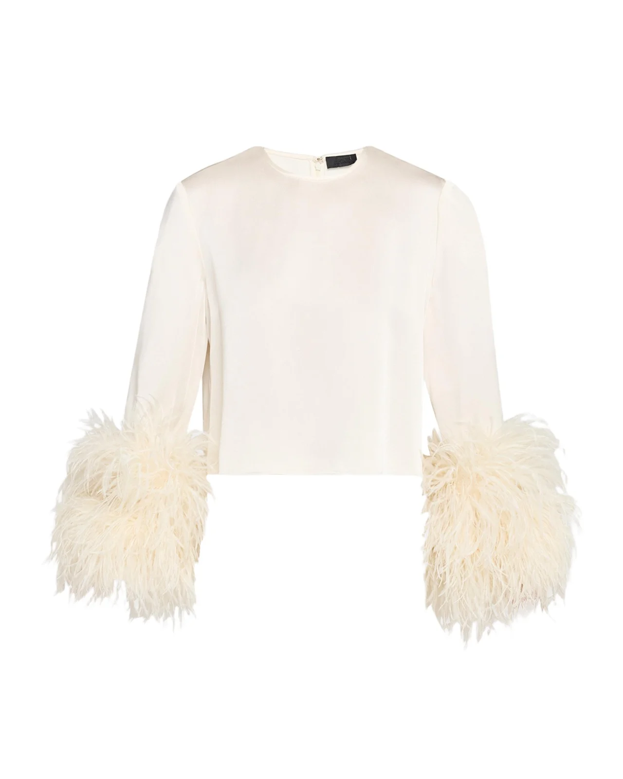 Feather-Trim Long-Sleeve Crop Satin Top Feather-Trim Long-Sleeve Crop Satin Top