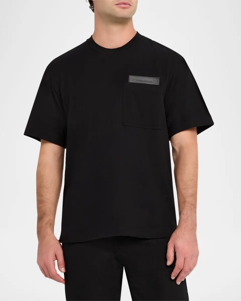 Ferragamo Men's Leather-Patch Pocket T-Shirt | Thumbnail 4